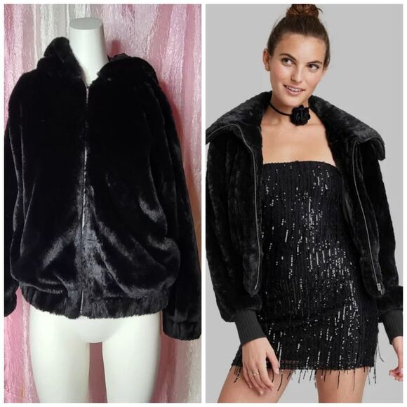 Wild Fable Black Faux Fur Cropped Bomber Jacket Size Small - Picture 1 of 9